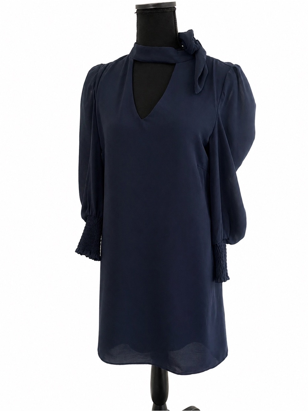 glam Navy Puff-Sleeve Keyhole Back Blouse